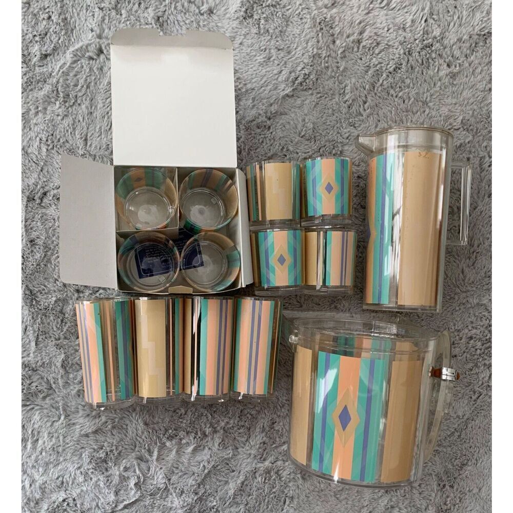 Stotter VINTAGE MCM 1970s plastic Pitcher Ice Bucket Glasses Cups LOT 14 pc. SET